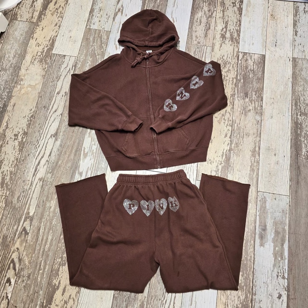 PINK Victoria's Secret Brown Fleece Hoodie and Sweatpants Set